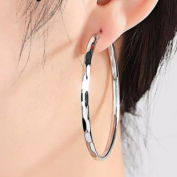 Sterling Silver Stamped 60mm Hoop Earrings - Picture 1 of 4